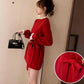 Autumn and Winter Korean Mid-length Red Knitted Sweater Women's Waist Lace Fake Two-piece Blouse