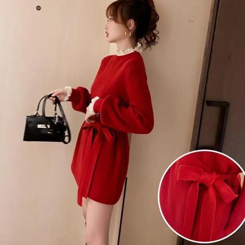 Autumn and Winter Korean Mid-length Red Knitted Sweater Women's Waist Lace Fake Two-piece Blouse