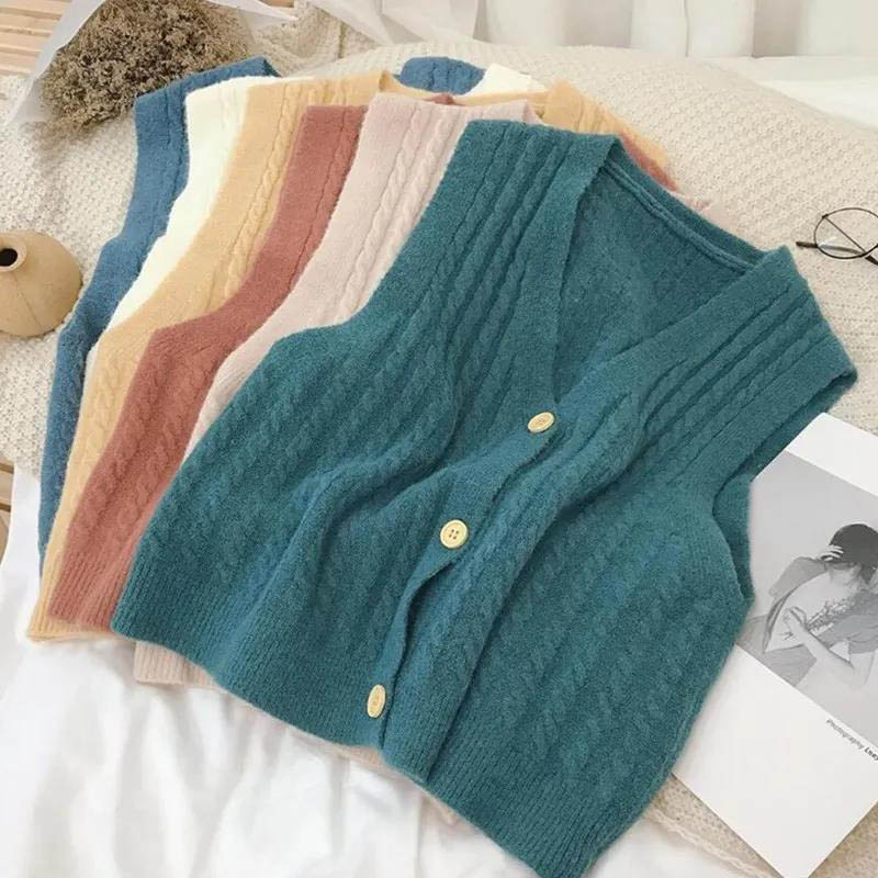 Solid Color V-neck Single-breasted Knitted Cardigan Vest Women's Early Spring and Autumn Winter Style Korean Fan Retro Style Outer Vest Vest