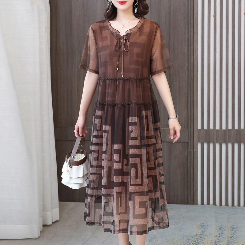 Large Size L-XXXXXXL Summer Chiffon Mid-calf Loose Short Sleeve A-line Dress Cover Belly Looks Skinny
