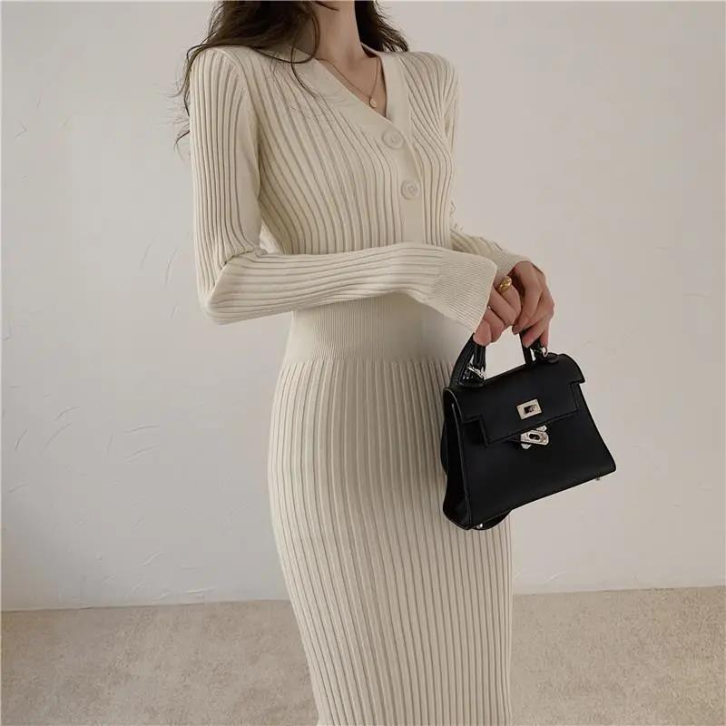 Long Slim Sweater Dress Over-the-knee Knitted Dress for Slim Dress Autumn and Winter Ladies Knit Long Skirt