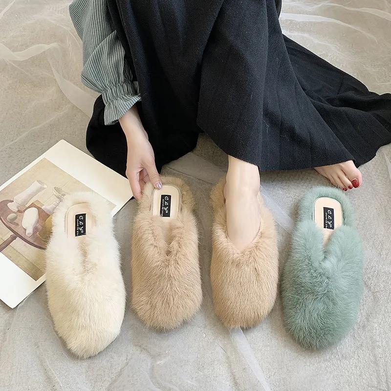 Women's Autumn and Winter Furry Fashion Cotton Slippers with Slippers Indoor and Outdoor Casual Flat Shoes Soft Shoes