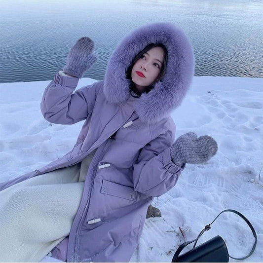 Purple Down Jacket Women Clearance Large Fur Collar Over The Knee Super Long Thickening