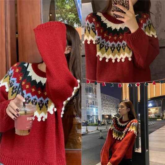 Christmas Theme Women WinterBall Tassel Knitwear Pullover Red Crew Neck Loose Jumper Top