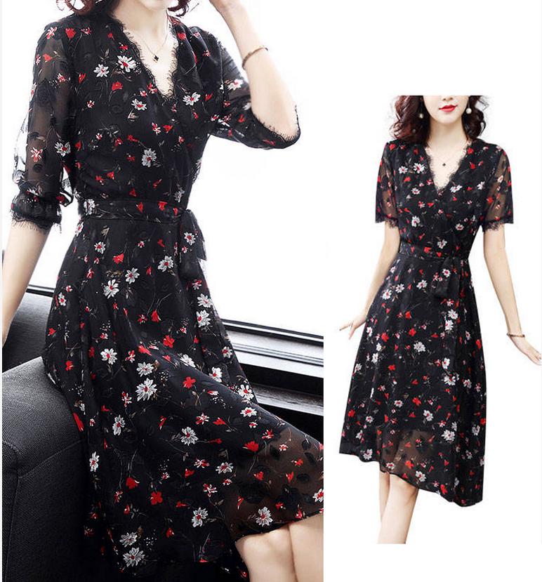 Vintage Spring Summer Chiffon Floral Printing Dress Midi Dress Pleated Hem Elegant Party Vestidos