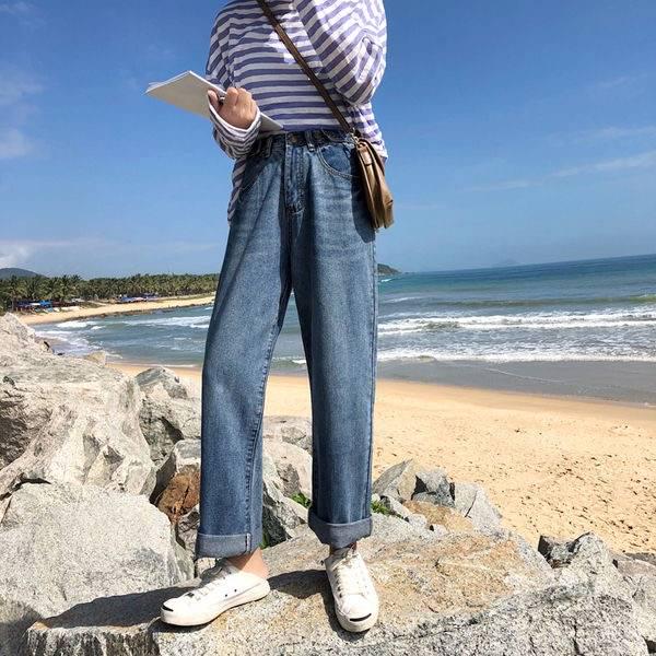 WTEMPO Spring and Autumn Pants Women's High Waist Jeans Girl Students Loose Wild Straight Wide Leg Pants