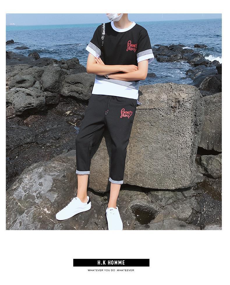 Men's Summer Suit Men's Korean Short Sleeve T-Shirt Summer Men's Splicing Casual Sports Suit