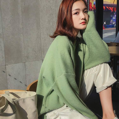 Solid Color Loose Sweater Women's Round Neck Pullover Long-sleeved Wild Thick Sweater