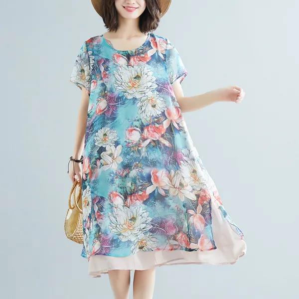 Women's Clothing Chiffon Dress Large Size Loose Round Neck Short Sleeve Printing Mid-length