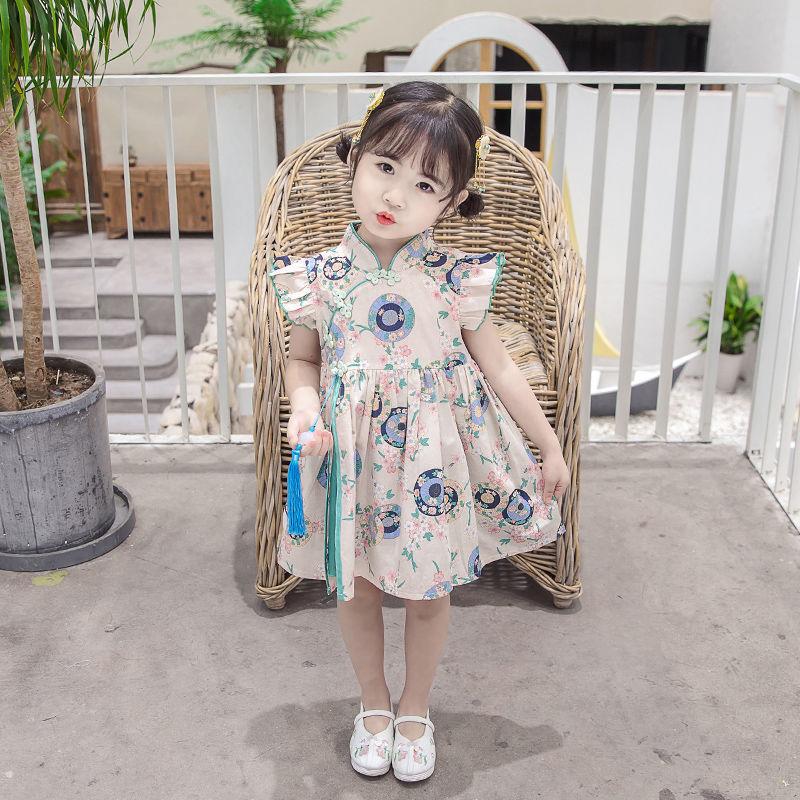 Girls Cheongsam Skirt Summer Dress Baby Girl Summer Style Hanfu Tang Suit Children Foreign Style Flying Sleeve Dress