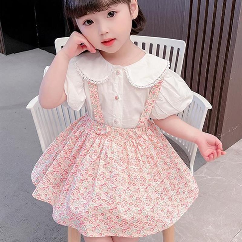 2PCS Children Clothing Set Spring Summer Girls Suits Broken Flowers Short Sleeve Tops + Braces Skirt Clothing Set