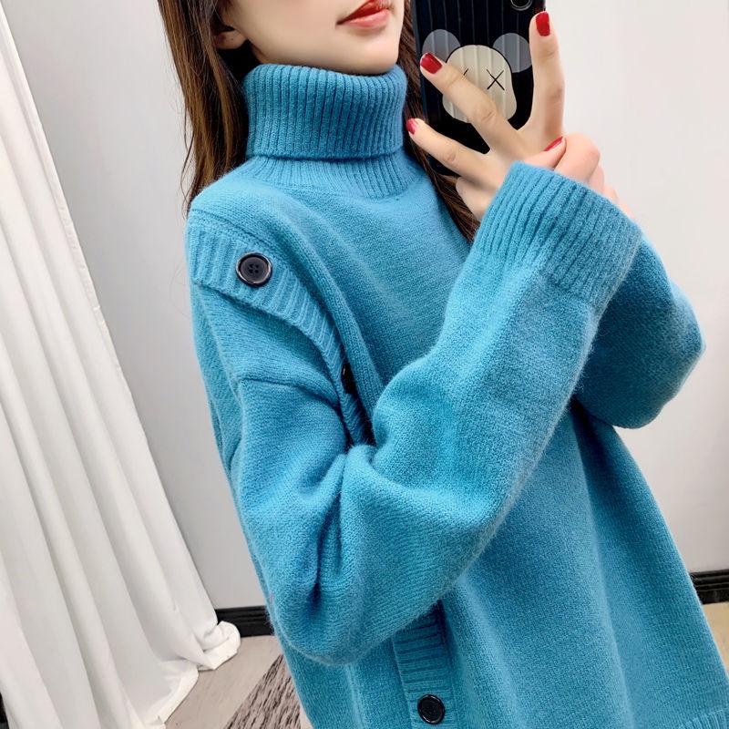 Autumn Winter Thick Warm Turtleneck  Sweater Women Casual Loose Button Knit Sweater Base or Outer Wear