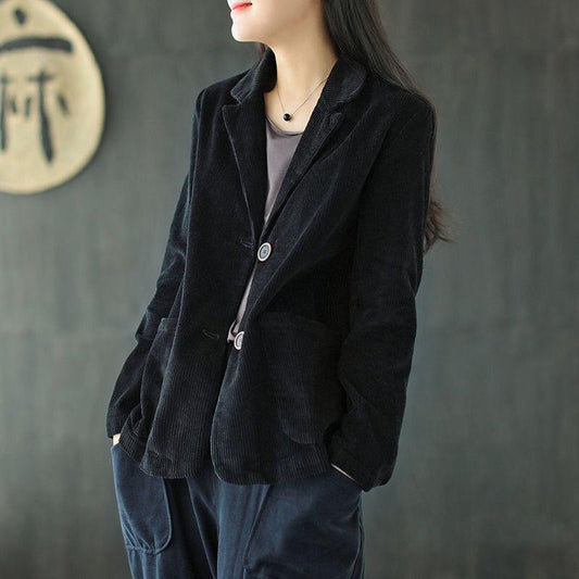 Corduroy Suit Collar Solid Color Short Jacket Women's Spring and Autumn Long-sleeved Pocket Literary Retro Casual Jacket Top
