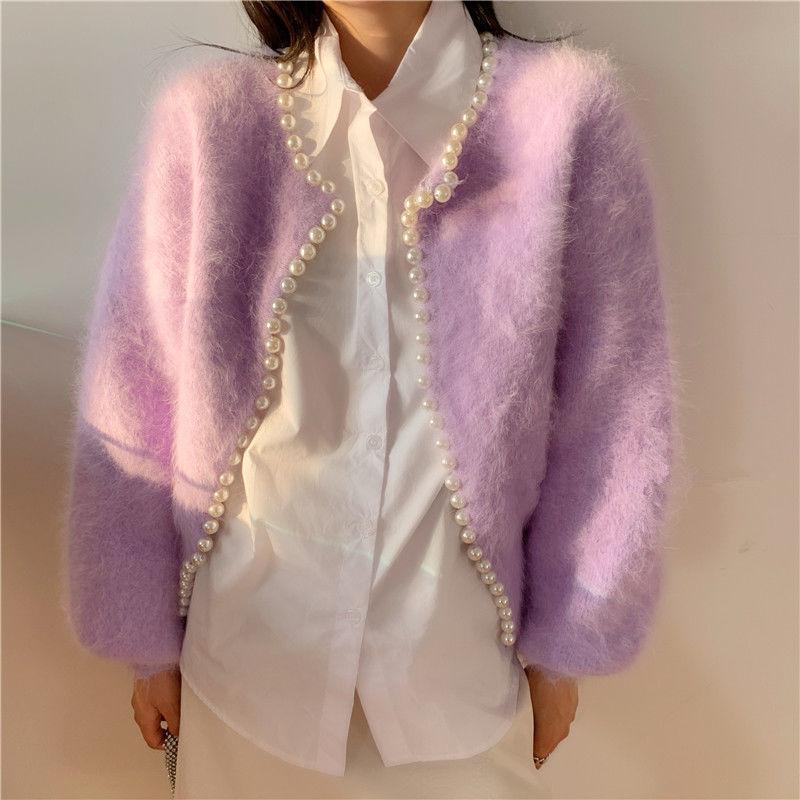 Women's Coat Cardigan Jacket Spring and Autumn Pearl Knitted Sweet Super Fairy Lantern Sleeve Imitation Mink Fleece Sweater