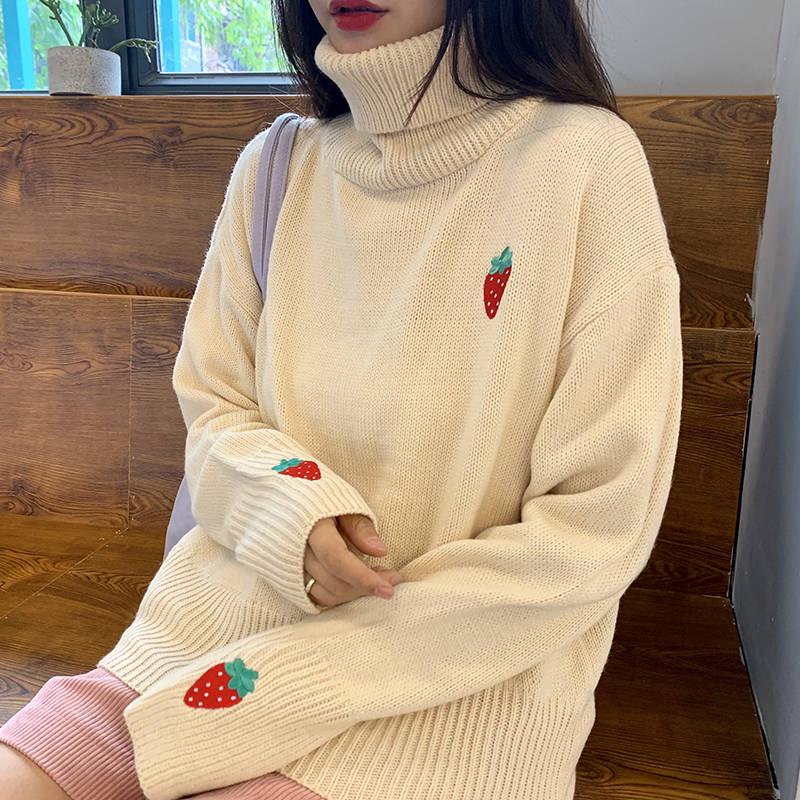 Winter Long-sleeved Loose Strawberry Embroidered Turtleneck Sweet Girl Was Thin Sweater