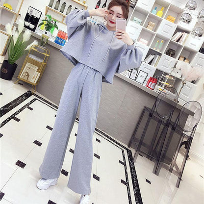 Hooded Long-sleeved Loose Warm Hoodie + Wide-leg Trousers Casual Two-piece Women's Thin Suit Is Simple Lightweight and Comfortable