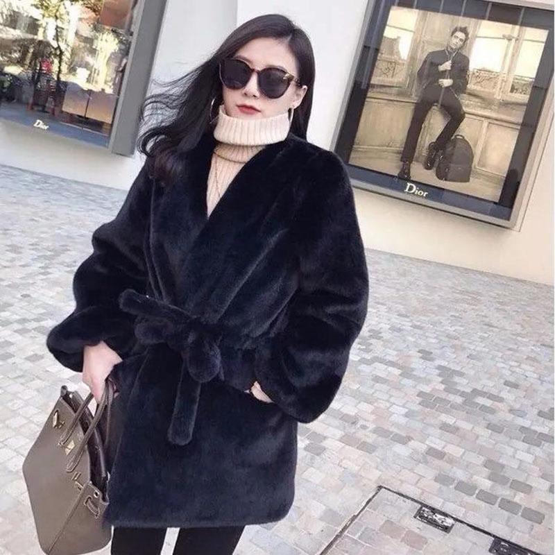 Faux Fur Jacket Winter Fashion V-neck Thickening Warm Waist Mid-length Fur Coat Suitable for Women