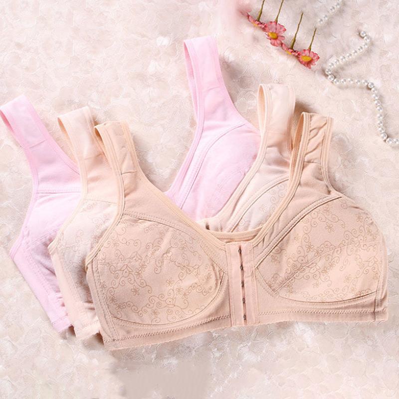 Middle-aged and Elderly Bra Spring and Summer Thin Cotton No Steel Ring Vest Underwear Front Button Large Size Comfortable Bra