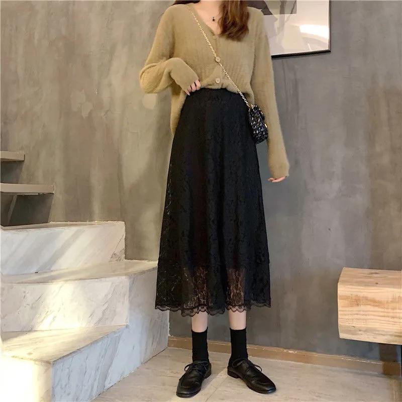 High Waist Lace Skirt Elegant Flower Embroidered Women's Summer A-line Bottoming Mid-length All-match Drape Skirt