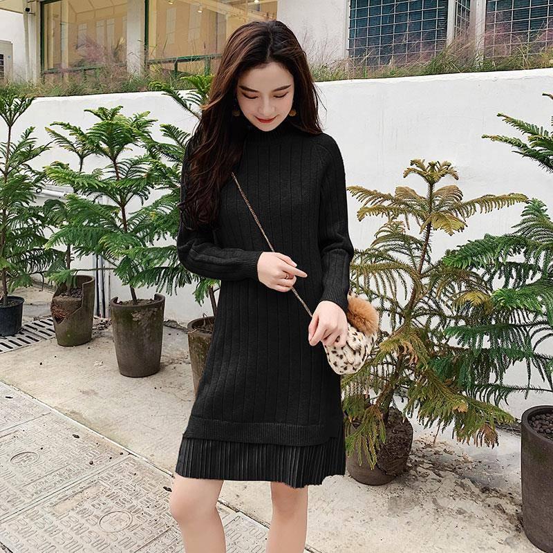 Joker autumn and winter loose bottoming knit sweater skirt long section stitching women's dress