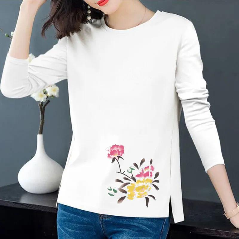 Spring & Fall Cotton T-shirt Women Casual Slit Top Peony Print Pullover Long Sleeve Bottoming Shirt