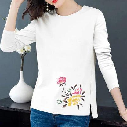 Spring & Fall Cotton T-shirt Women Casual Slit Top Peony Print Pullover Long Sleeve Bottoming Shirt