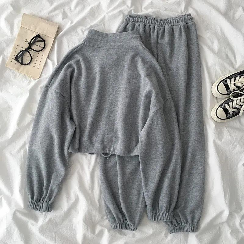 2PCS Women Casual Sportswear Suit Zipper Cardigan + Loose Trousers Two-piece Set Slimming Ladies Lazy Style Age-reducing Suit Girls Athletic Clothing