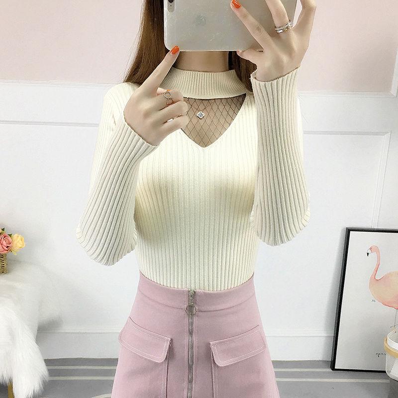 Pofulove sweater women's autumn new V-neck hollow lace winter coat thick long-sleeved bottoming shirt women