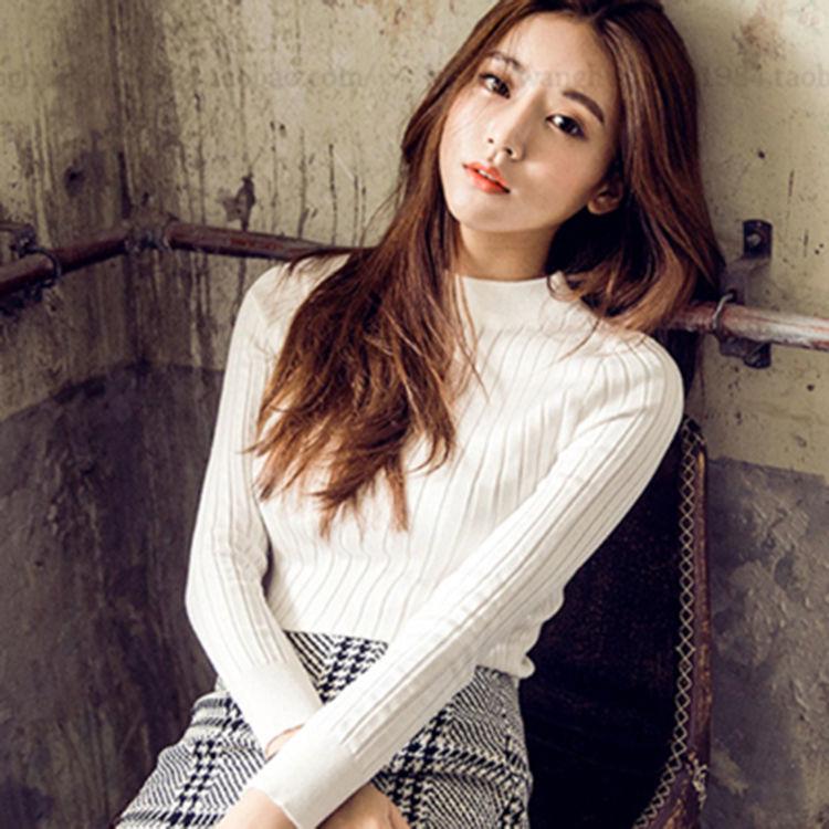 Pofulove Women Striped Half-high Collar Black Bottoming Shirt Autumn Winter Knitted Thick Sweater