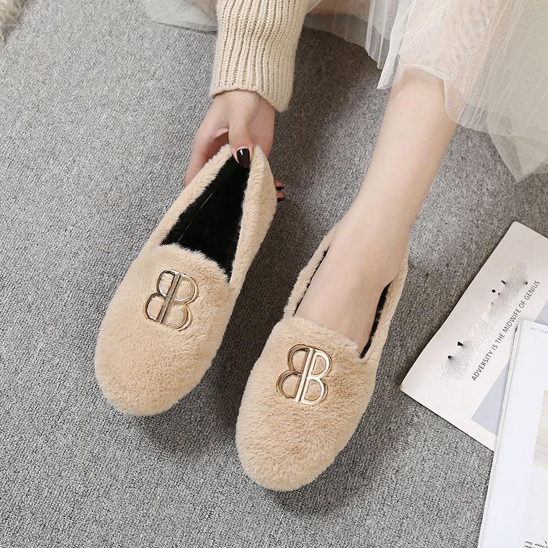 Hairy Shoes Women's Autumn All-match Round-toe Flat-bottomed Comfortable Lazy Casual Pedal Peas Shoes Moccasin Shoes