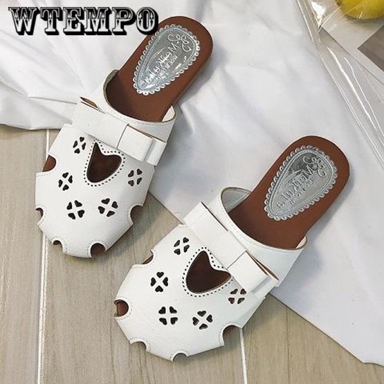 Summer Bow Carved Baotou Flat Bottom Half Drag Student Shoes