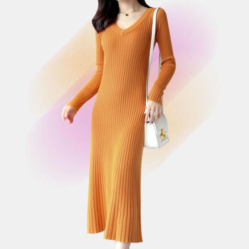 Sweater Dress Women's V-neck Long Over-the-knee Pullover Knitwear Korean Version Pure Color Trendy Sweater Dress Autumn Winter