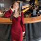 Girl Retro Elegant Temperament Waist Was Thinner Shoulder Lace Knitted Dress Autumn  Winter