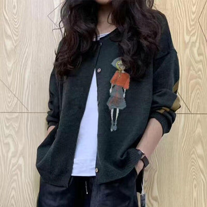 Little Girl Jacquard Knitted Cardigan Color Matching Wild Long-sleeved Sweater Retro Thin Jacket Women
