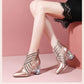 Pointed Toe Net Boots High-heeled Rhinestone Toe Cap Sandals Female Summer Leather Soft Leather Thick-heeled Net Gauze Sandals