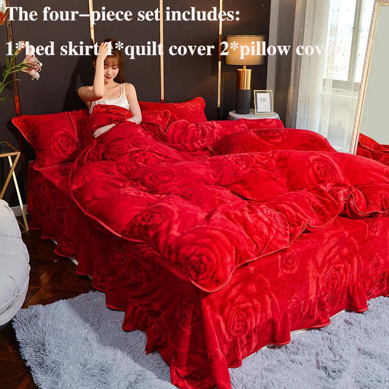 Milk Velvet Bed Skirt Four-piece Quilt Cover Pillowcase Bed Skirt Suit Noble and Light Luxury Style