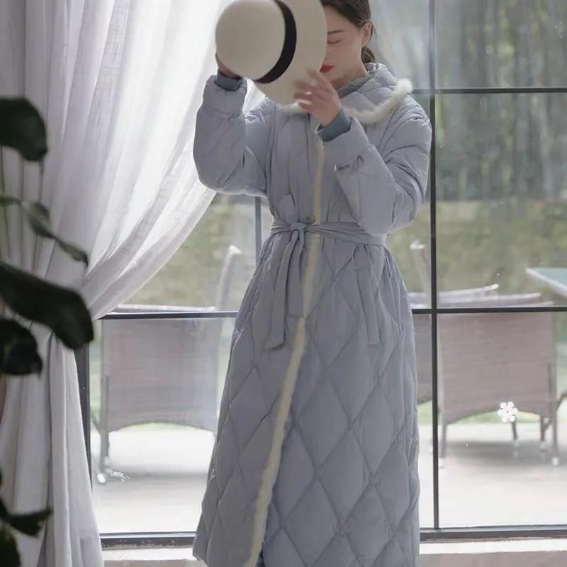 Imitation Mink Splicing Cotton Jacket Female Korean Version Loose Diamond Over The Knee Mid-length Belt Belt