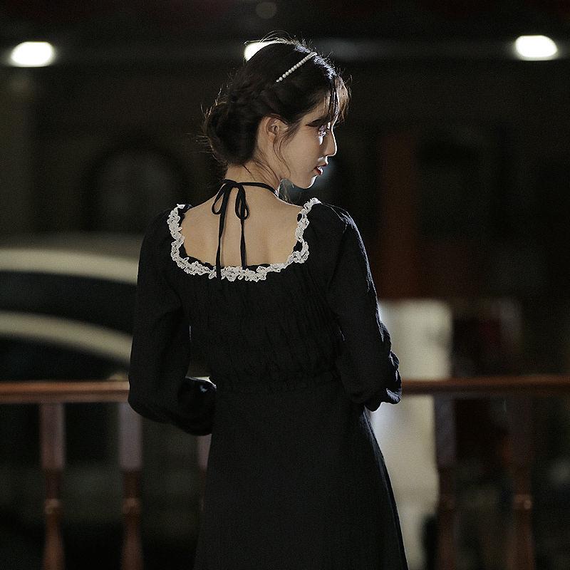 Fairy Party Dress Spring French Retro Small Black Dress Square Collar Lace Long Sleeve Elegant Female Dress