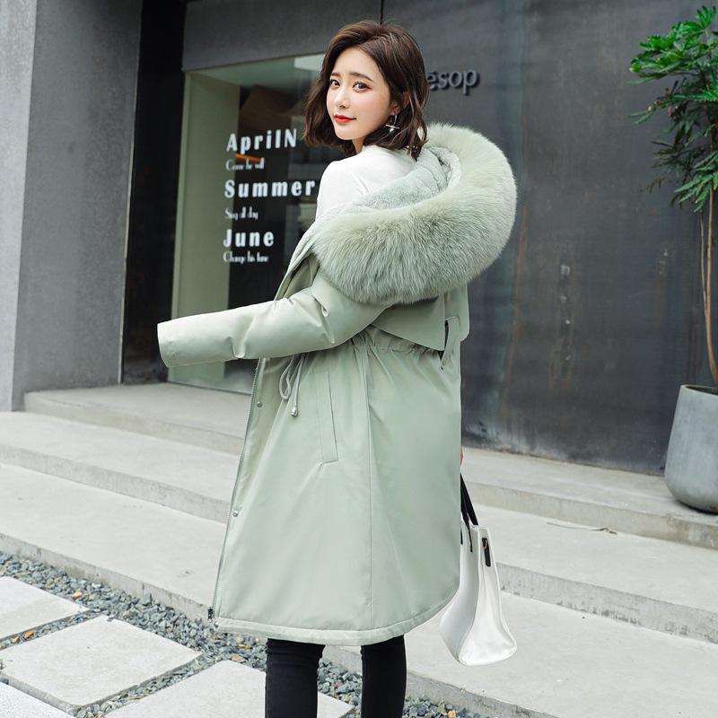 Winter Jacket Parkas Women Mid-length Large Fur Collar Plus Fleece Down Coat Thick Warm Long Coats Hooded Adjustable Waist Plus Size Maxi Outwear