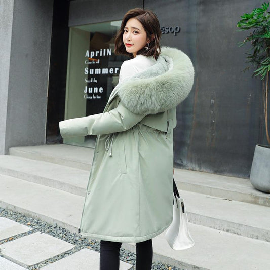 Winter Women's Cotton-padded Jacket Mid-length Large Fur Collar Plus Fleece Down Padded Jacket Padded Coat