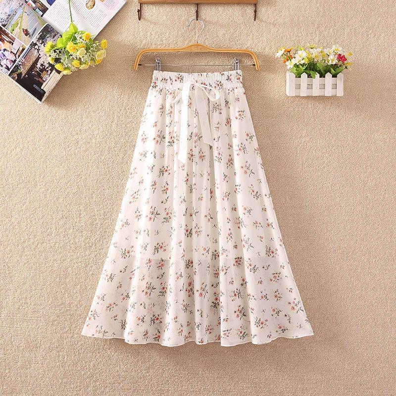 Summer High Waist Chiffon Women Midi Skirts Casual Floral Print Female Skirt Maxi Beach Skirt