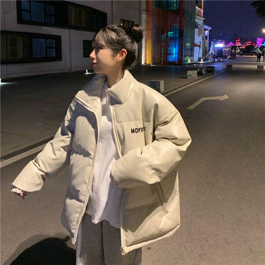 Cotton Jacket Female Winter All-match Pu Leather Cotton Jacket Korean Version of Loose Cotton Jacket Thickened Student Bread Jacket