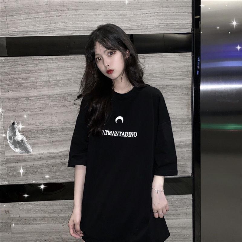 Letter Moon Pattern Embroidery T-Shirt Solid Cotton Simple Breathable Tee Female Casual Short Sleeves Hipster Tops