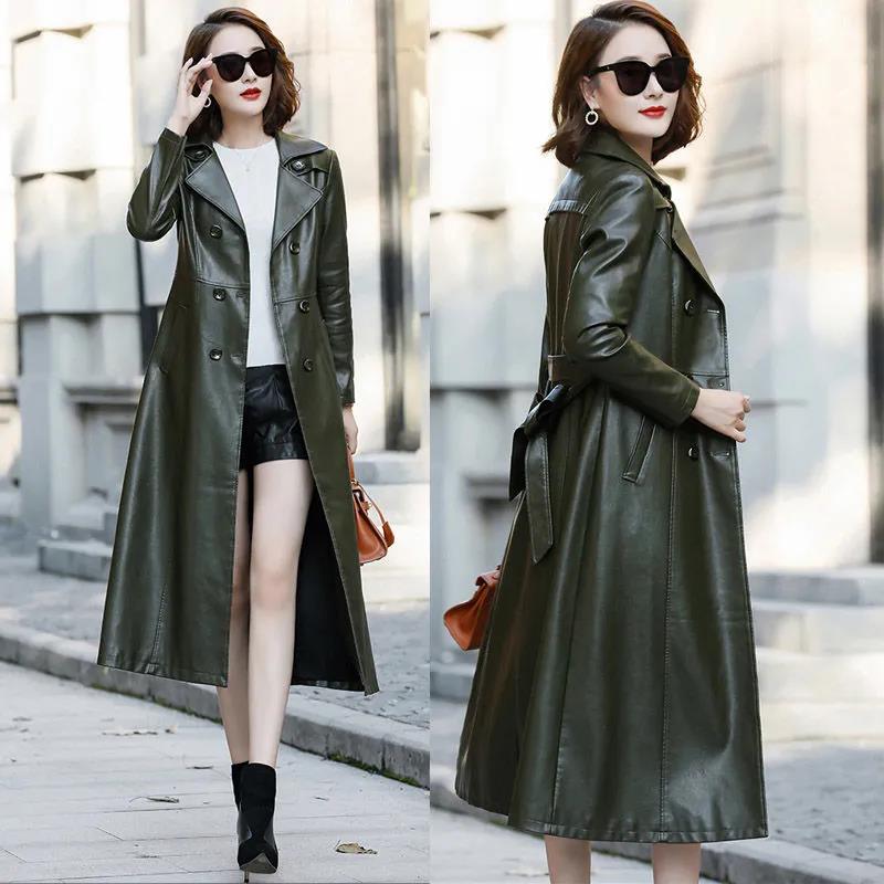 Winter Women's Leather Jacket Fashion Waist Mid-length Leather Jacket Plus Cotton Thicker PU Leather Large Size Leather Jacket
