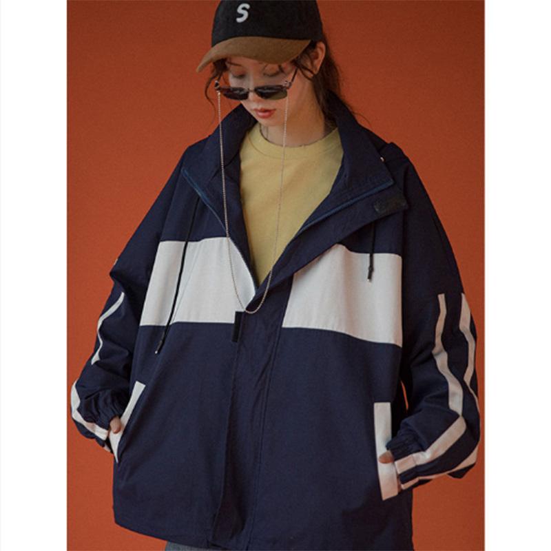 Spring and Autumn Sportswear Hooded Cardigan Color-blocking Jacket Female Loose Street Hip-hop Student Bf Harajuku Jacket