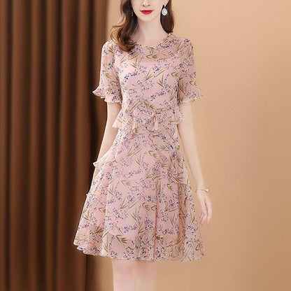 Pofulove Summer floral print dress knee-length round neck Sexy hollow out chiffon boho ruffled dress