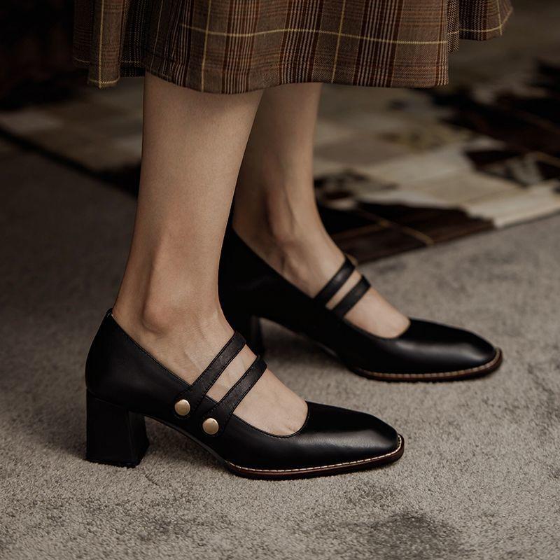 Single Shoes Women's Autumn One-step Thick Heel Casual Sweet Shallow Mouth Square Toe All-match Mary Jane Shoes Women