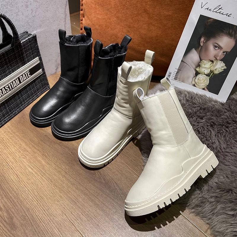 Women Boots Winter Shoes Black White Fur Boots Leather Snow Boots Plush Warm Ankle Booties Platform Chunky Boots