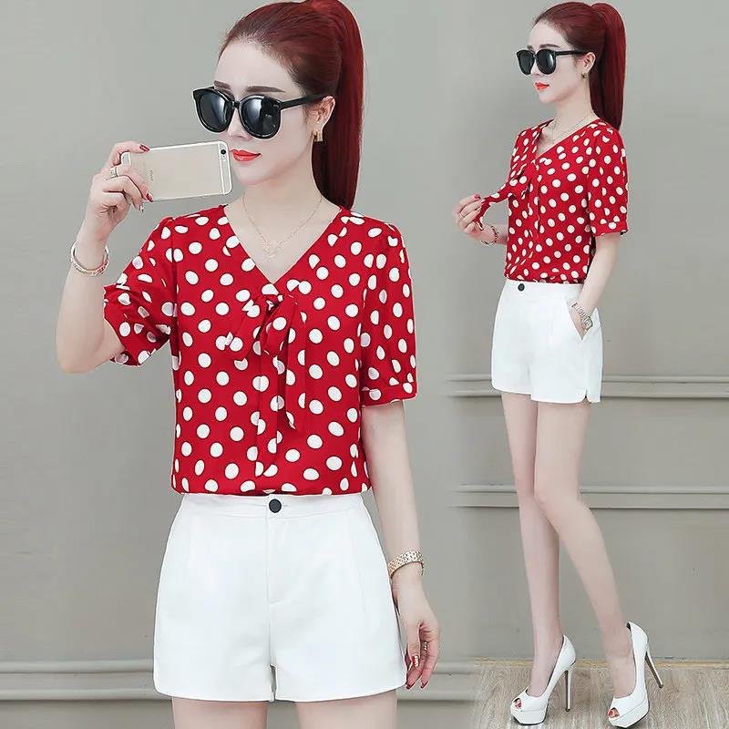 Chiffon Shirt Women's Short-sleeved Loose Top Cover Belly Shirt Shirt Black and White Polka Dot Chiffon Shirt Temperament Elegant Lady Style