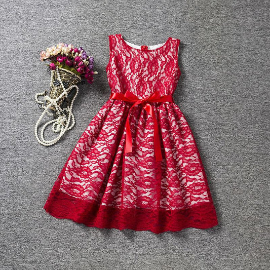 Girl Sleeveless Lace Dress Summer Tutu Skirt Hollow Out Casual Party Gowns Waistband Mini Dresses